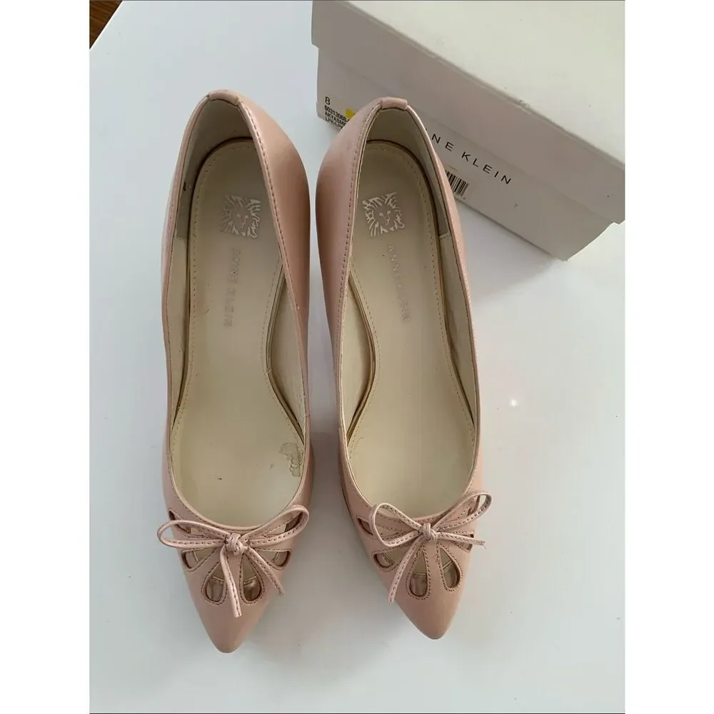 Anne Klein Blush Pointed-Toe Bow Leather Heels Flats Shoes Size 8